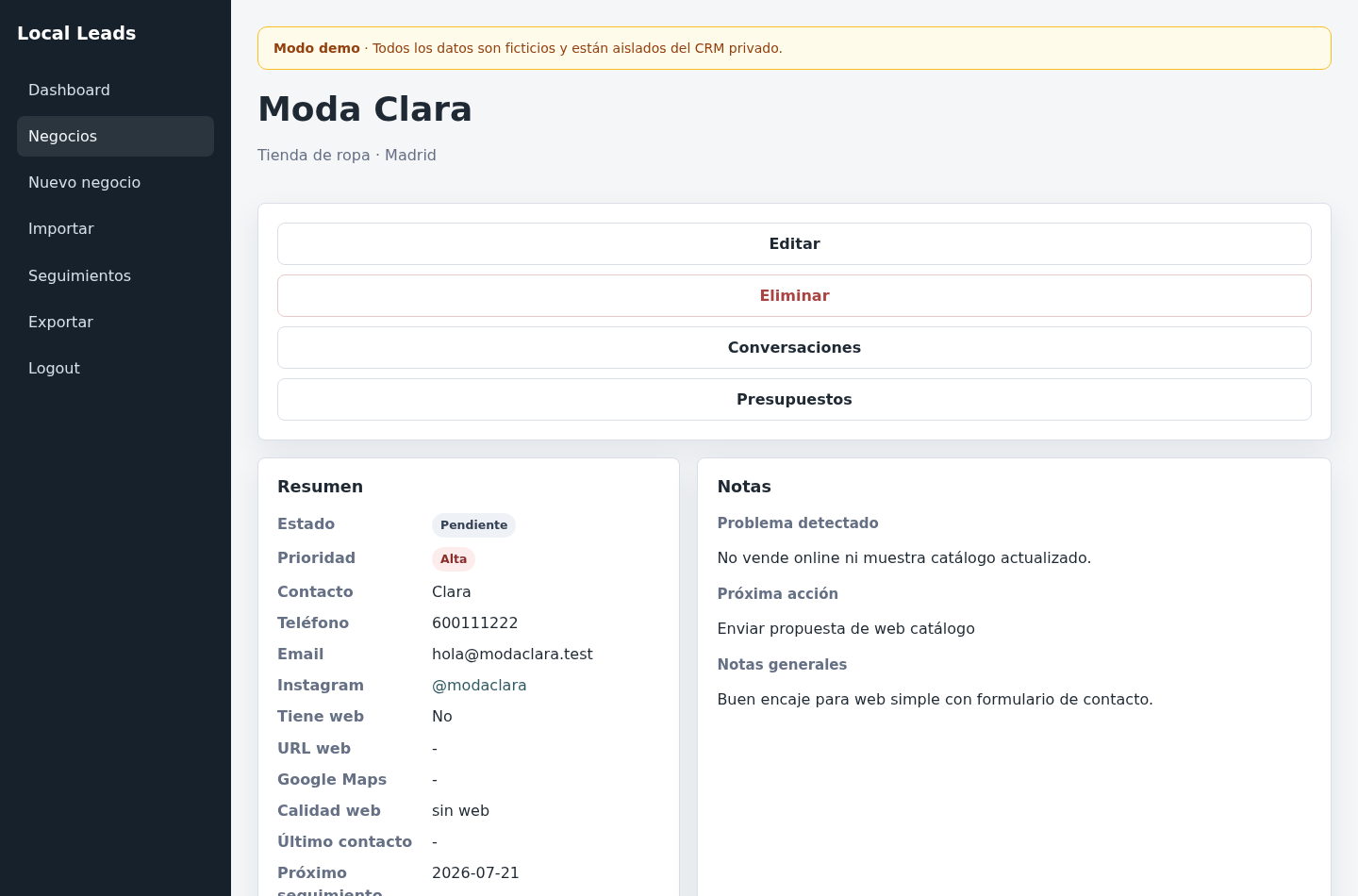 Local Leads CRM: Ficha: contacto, acciones e historial