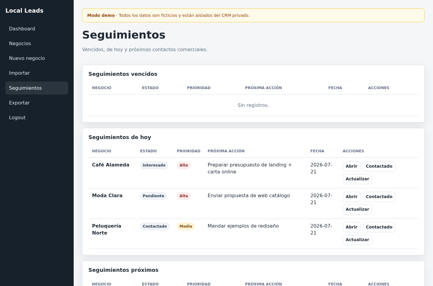 Local Leads CRM: Seguimientos: tareas vencidas y próximas