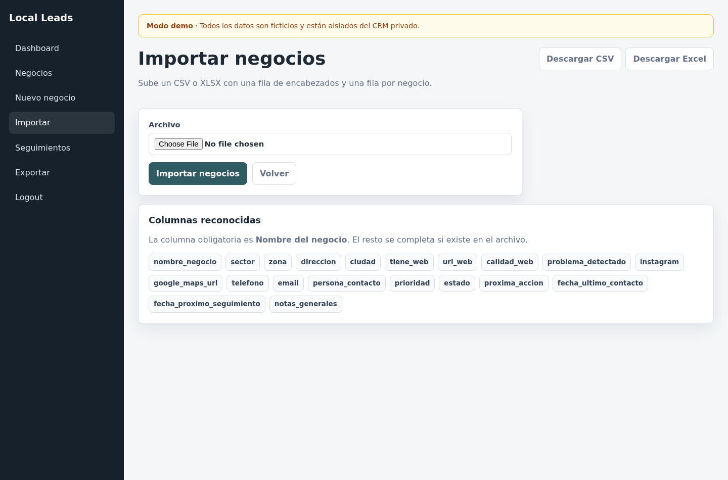 Local Leads CRM: Importación: carga guiada de datos