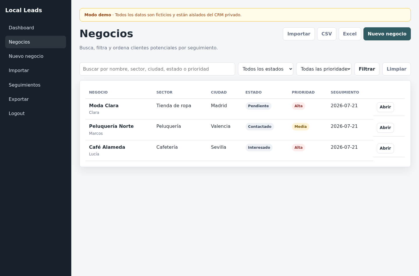 Local Leads CRM: Negocios: búsqueda, filtros y prioridades