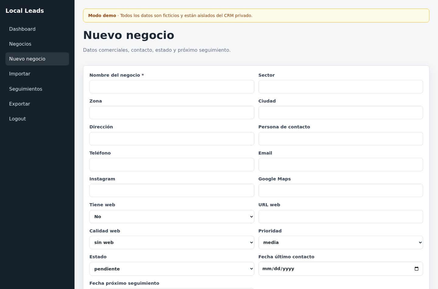 Local Leads CRM: Alta: formulario completo de oportunidad